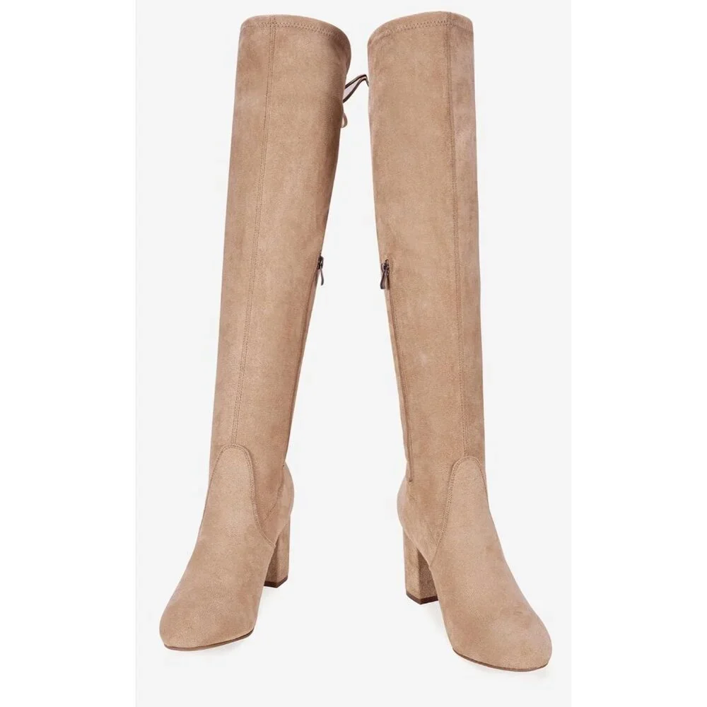 Women's Sand Suede Inner Zipper Thigh High Over The Knee High Square Heel Boots